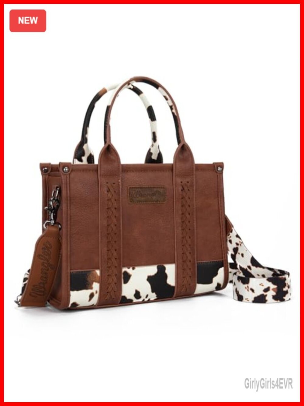 Faux Leather Cow Print Tote Bag with Whipstitch Design